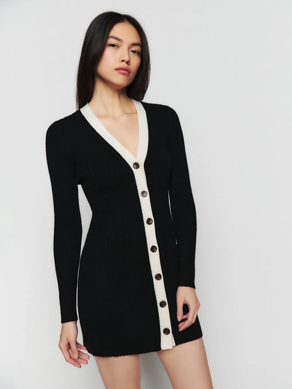 Reformation Vitte 100% Cashmere Black Mini Sweater Dress with Cream Trim